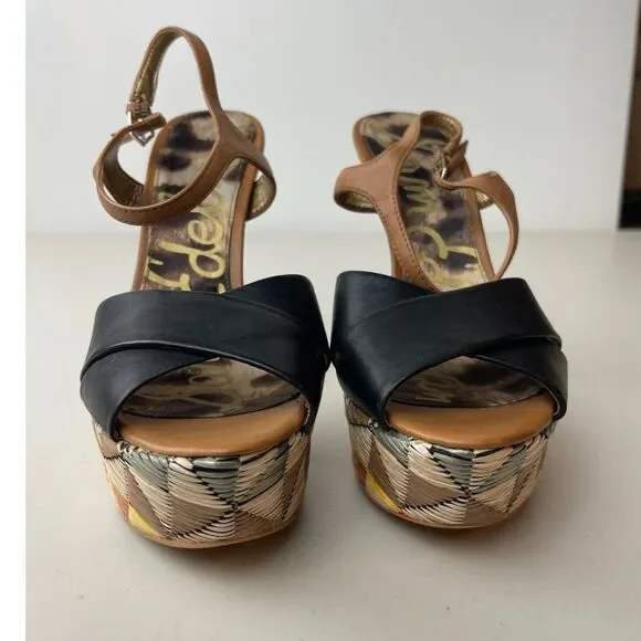NWOB Sam Edelman Boho Woven Platform Sandals – Black & Tan Strappy Heels 6M - Picture 4 of 7